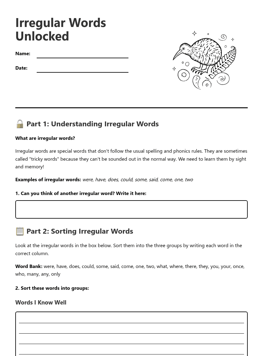 Irregular Words Unlocked worksheet preview