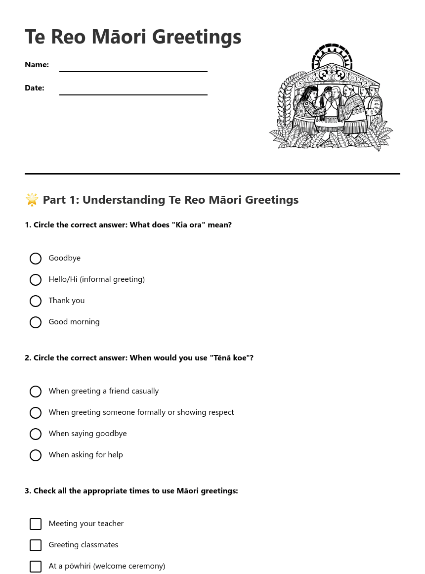 Te Reo Māori Greetings worksheet preview