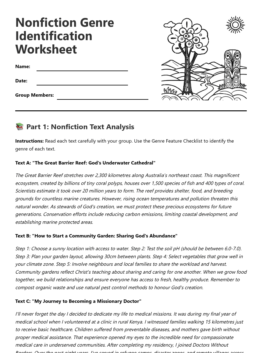 Nonfiction Genre Identification Worksheet worksheet preview
