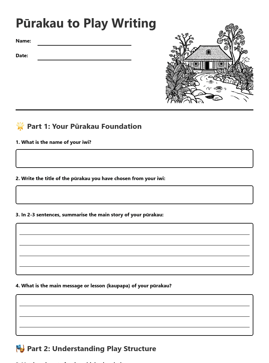 Pūrakau to Play Writing worksheet preview
