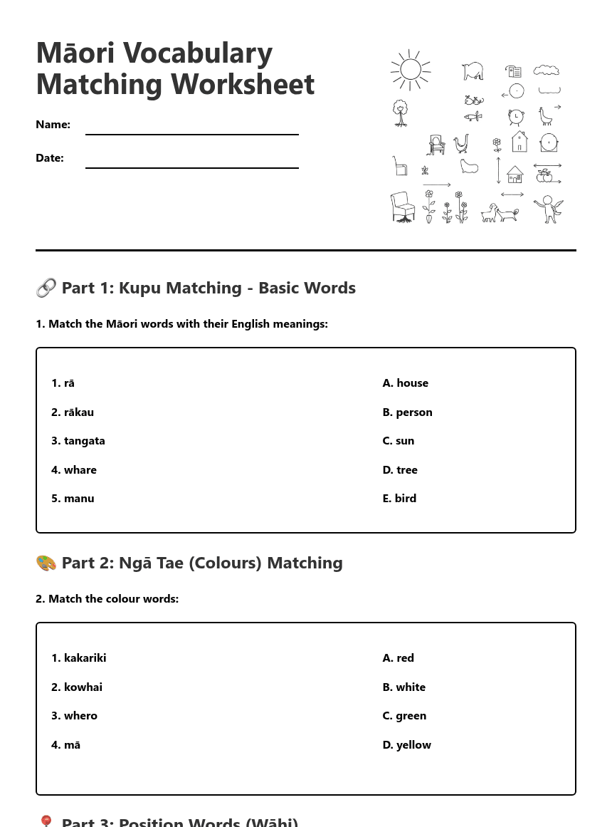 Māori Vocabulary Matching Worksheet worksheet preview