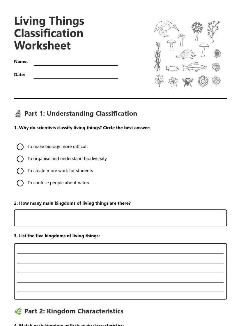 Living Things Classification Worksheet