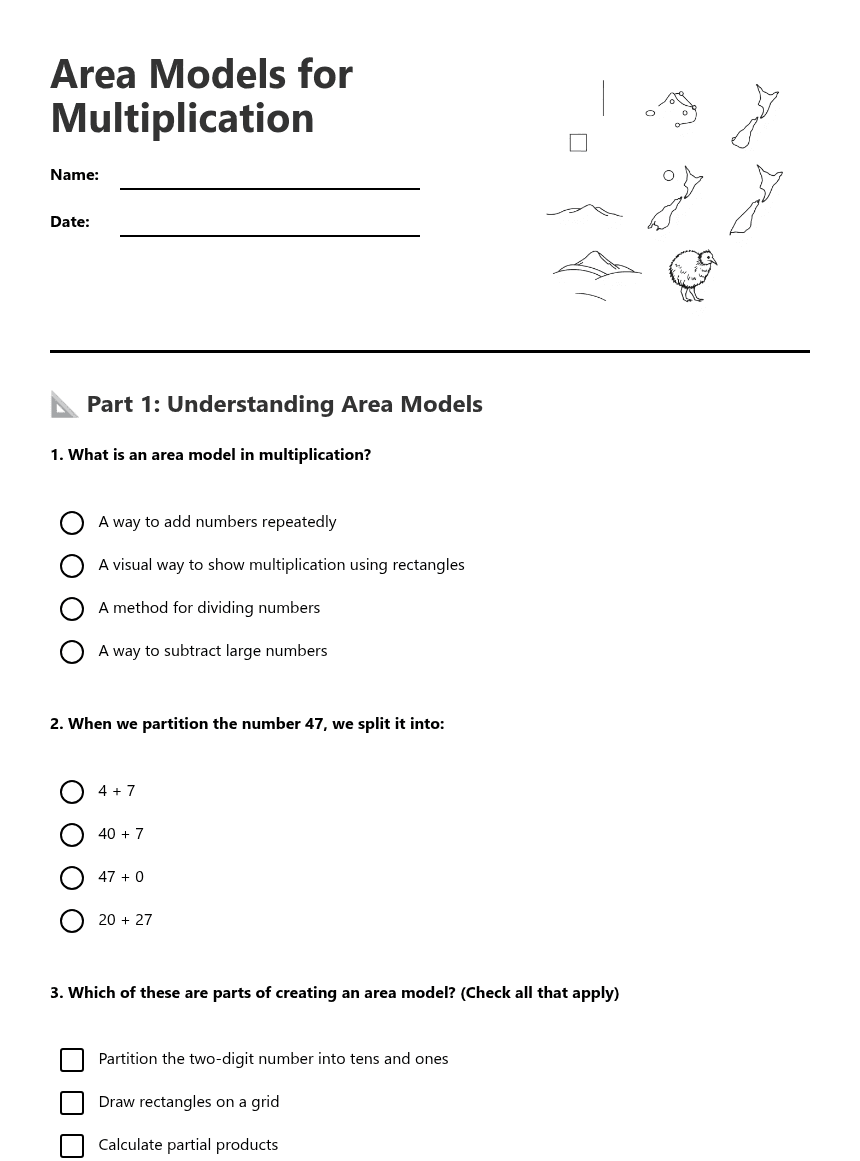 Area Models for Multiplication worksheet preview