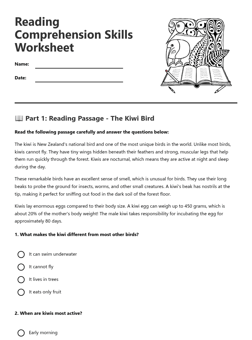 Reading Comprehension Skills Worksheet worksheet preview