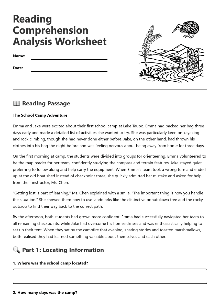 Reading Comprehension Analysis Worksheet worksheet preview