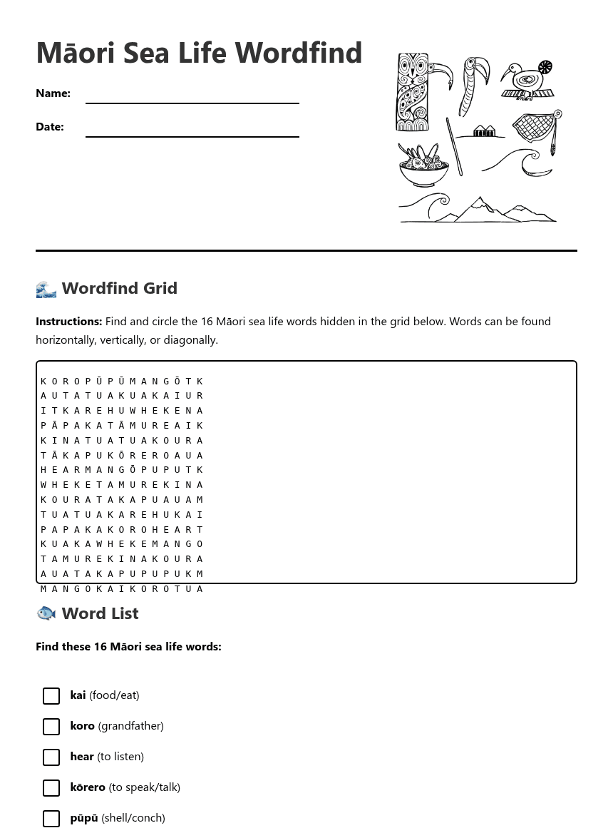 Māori Sea Life Wordfind worksheet preview