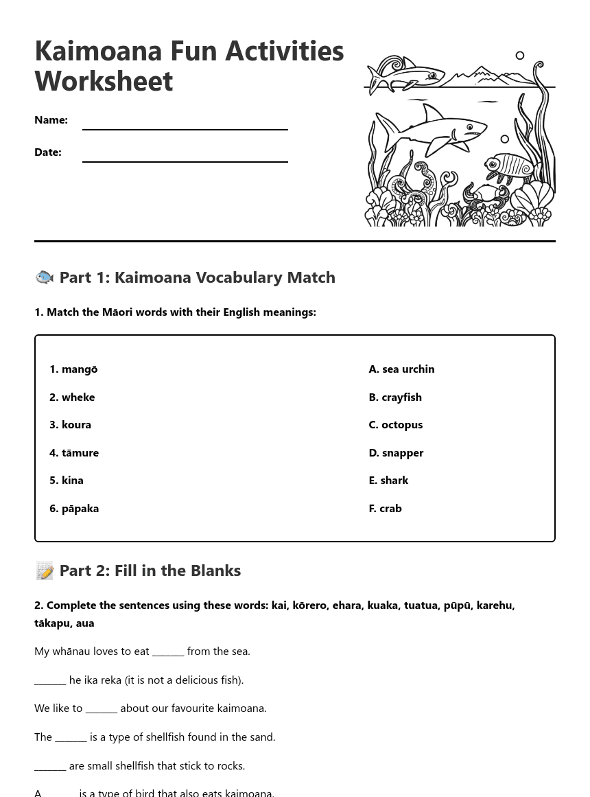 Kaimoana Fun Activities Worksheet worksheet preview