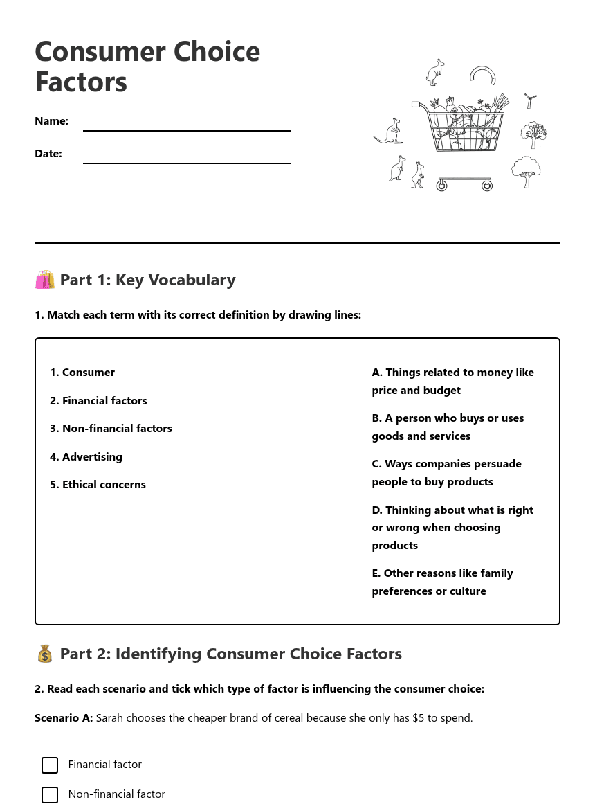 Consumer Choice Factors worksheet preview