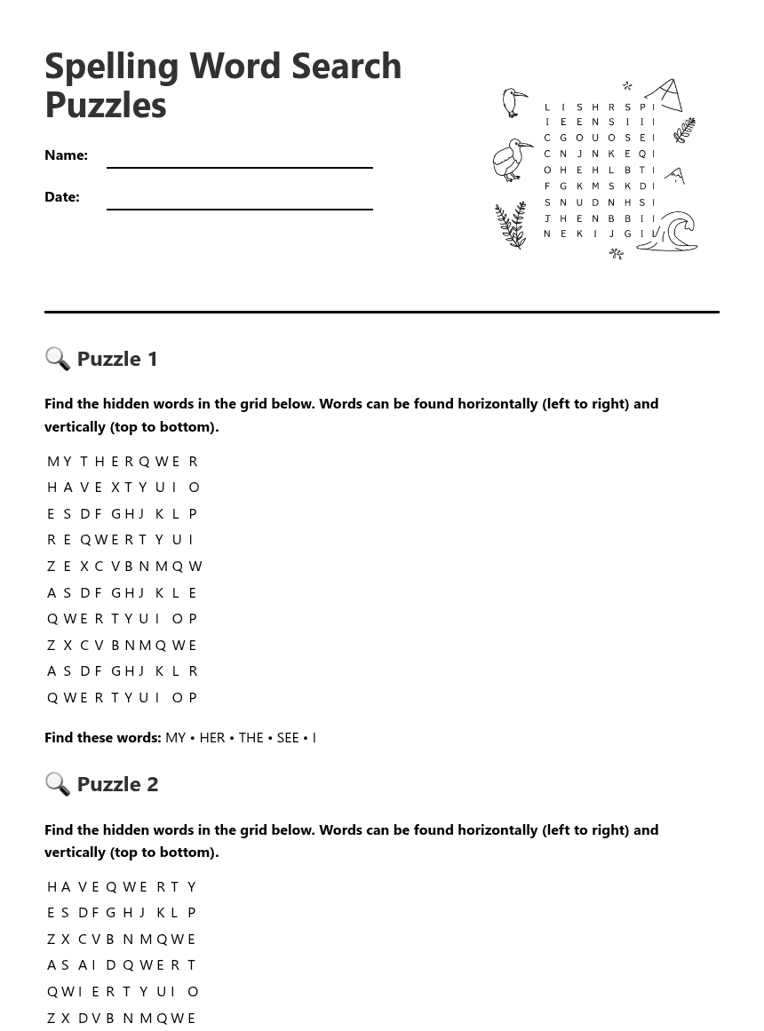 Spelling Word Search Puzzles worksheet preview