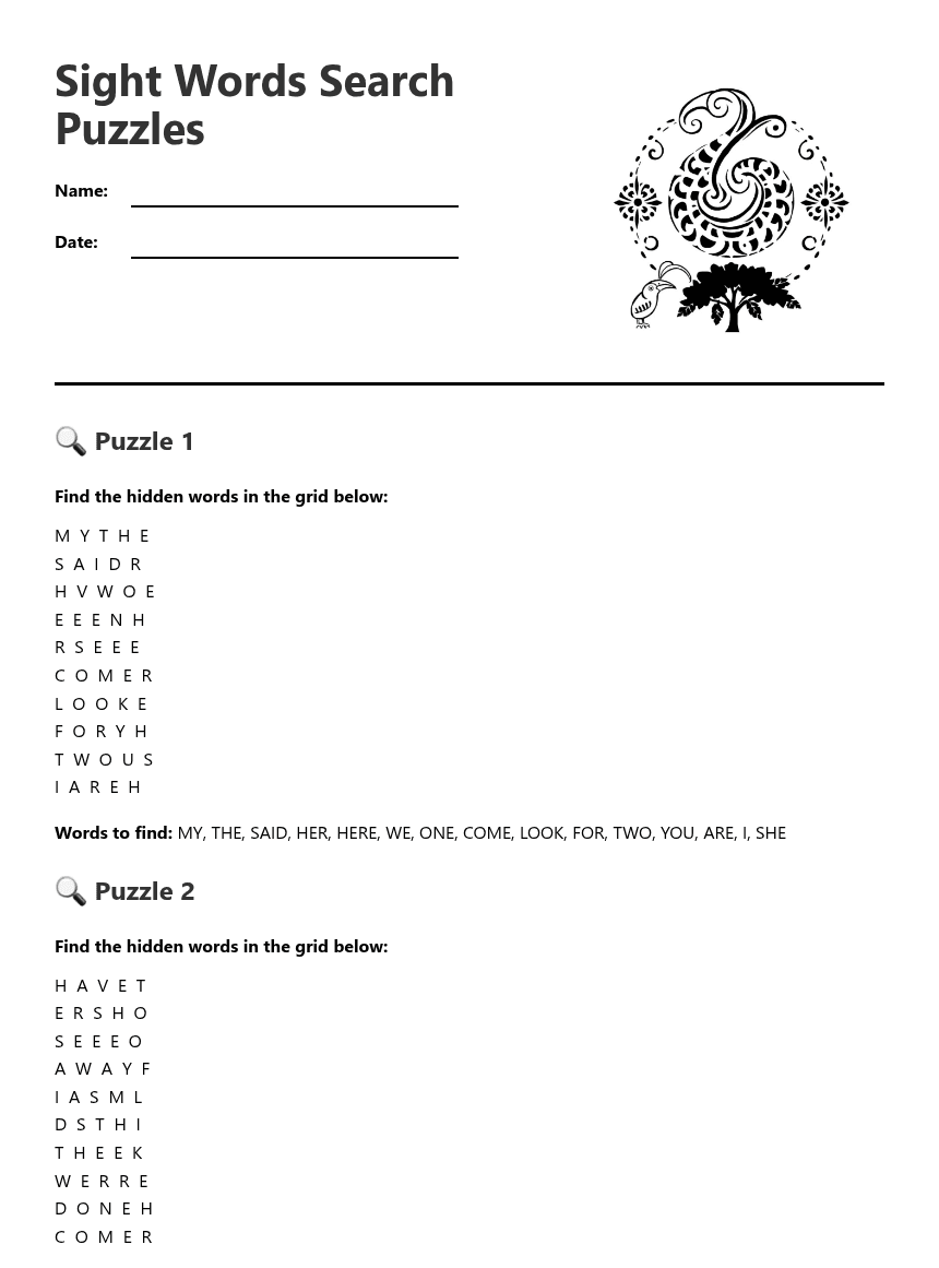 Sight Words Search Puzzles worksheet preview