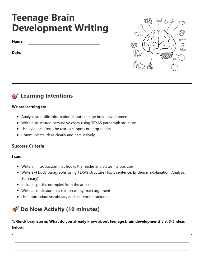 Teenage Brain Development Writing worksheet preview