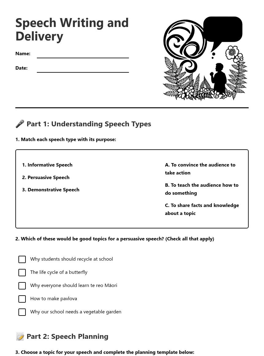 Speech Writing and Delivery worksheet preview