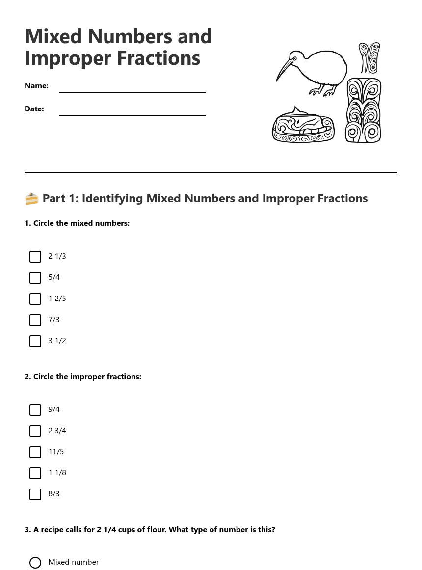 Mixed Numbers and Improper Fractions worksheet preview