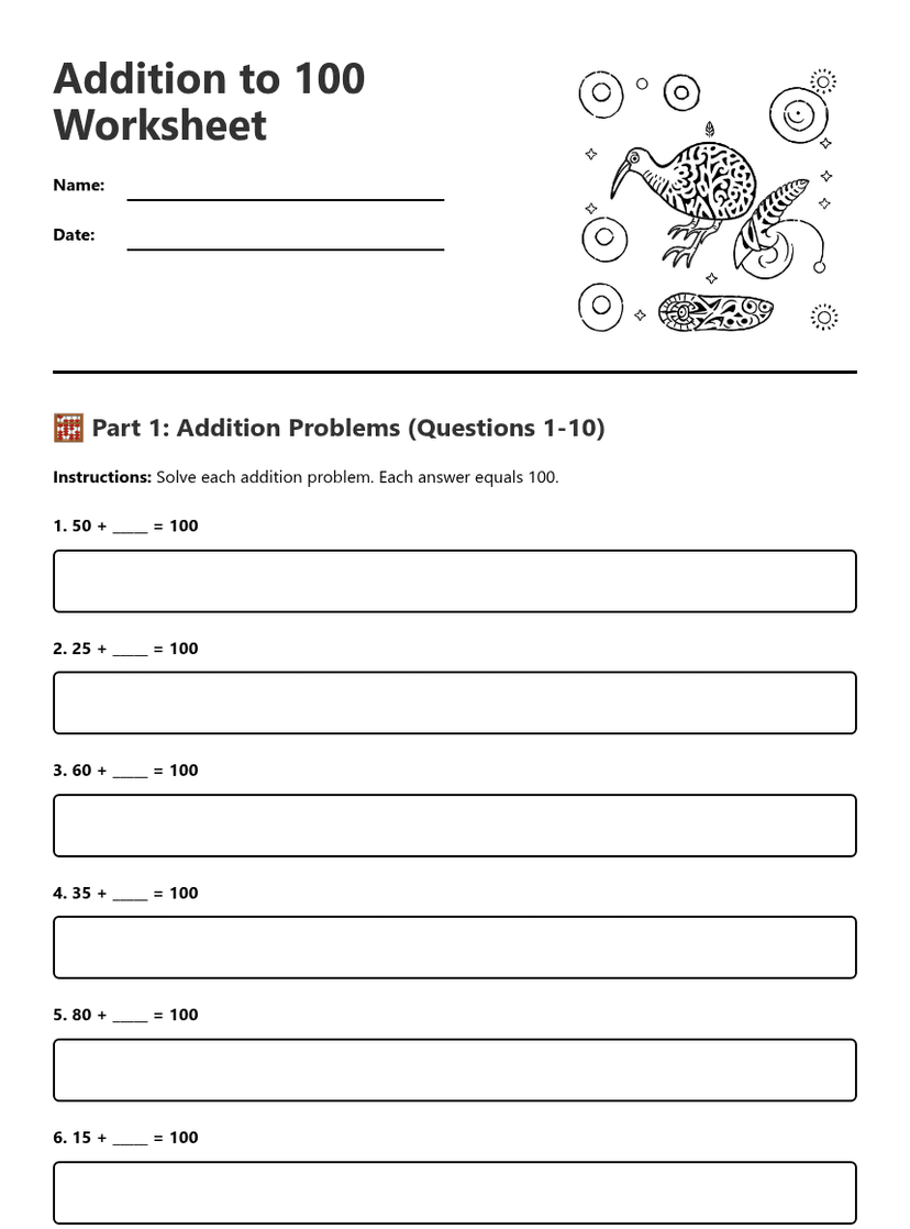 Addition to 100 Worksheet