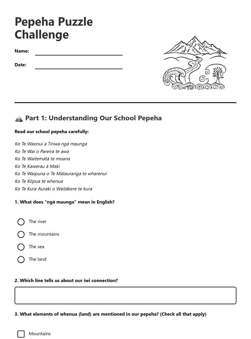 Pepeha Puzzle Challenge worksheet preview