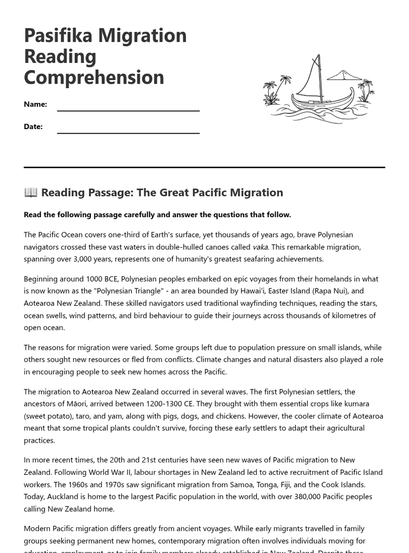 Pasifika Migration Reading Comprehension