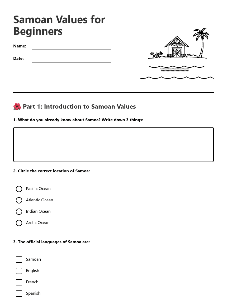 Samoan Values for Beginners worksheet preview
