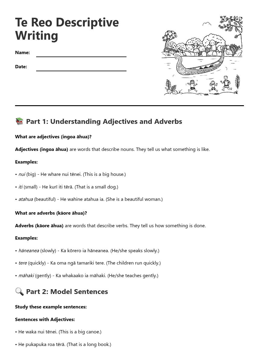 Te Reo Descriptive Writing worksheet preview