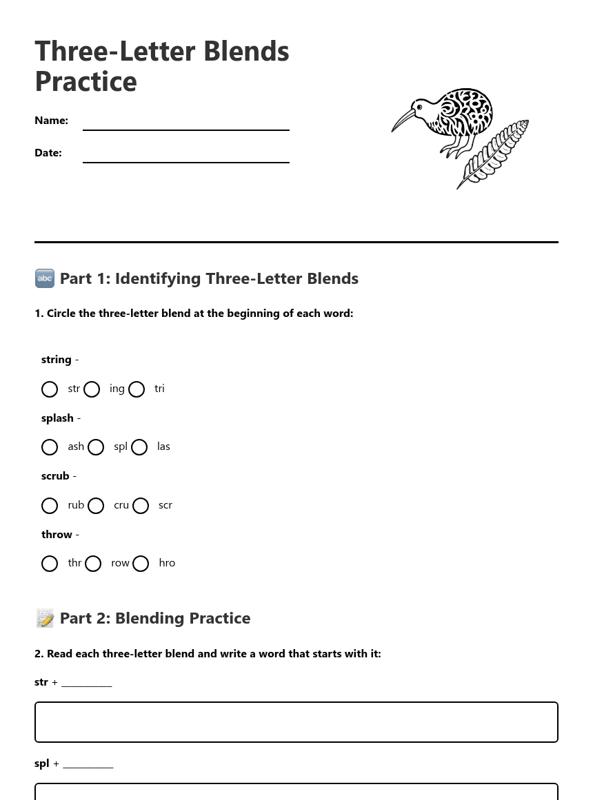 Three-Letter Blends Practice worksheet preview