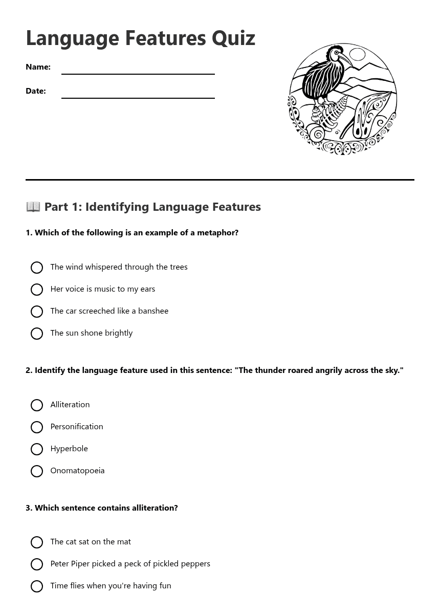 Language Features Quiz worksheet preview