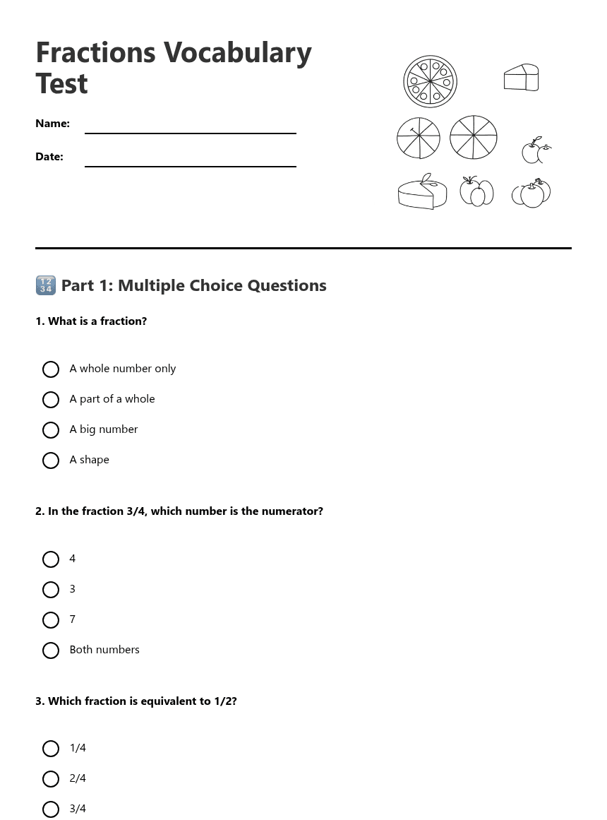 Fractions Vocabulary Test worksheet preview