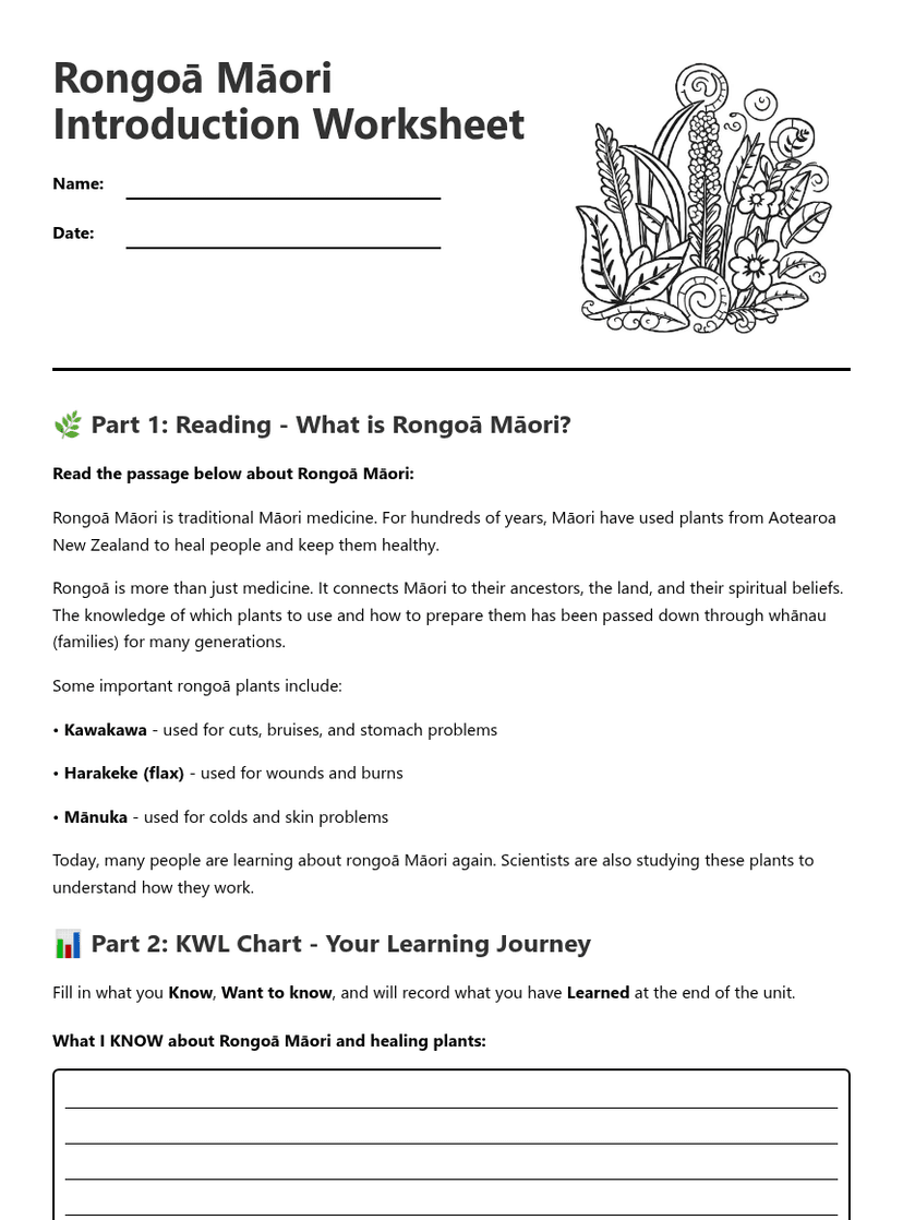 Rongoā Māori Introduction Worksheet