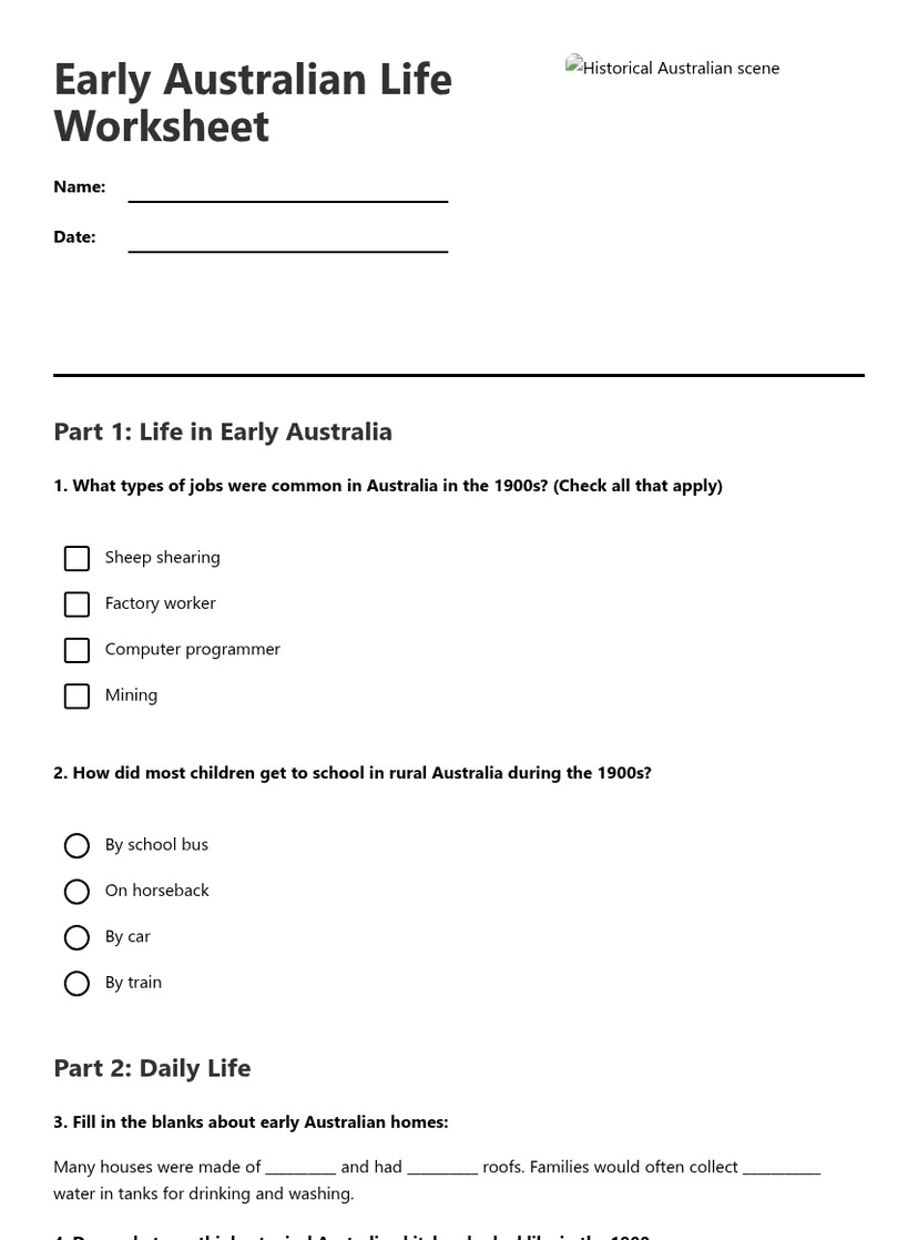 Early Australian Life Worksheet