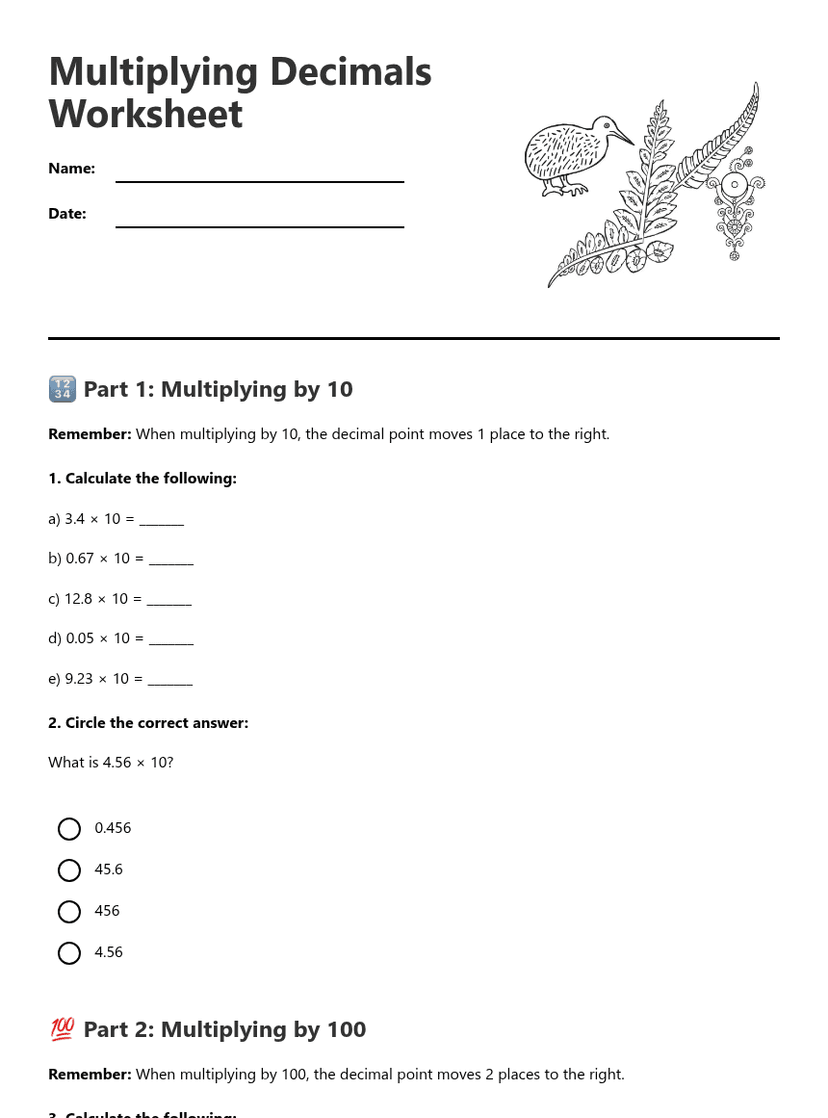 Multiplying Decimals Worksheet