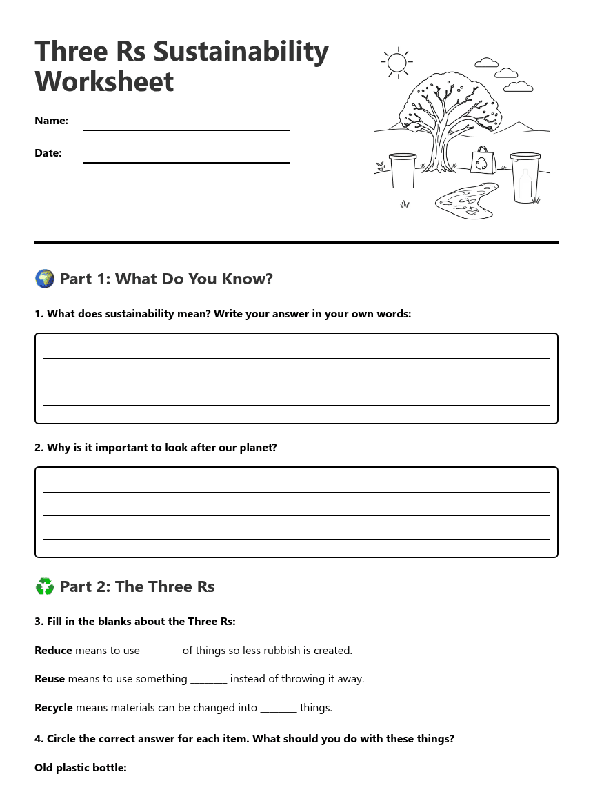 Three Rs Sustainability Worksheet worksheet preview