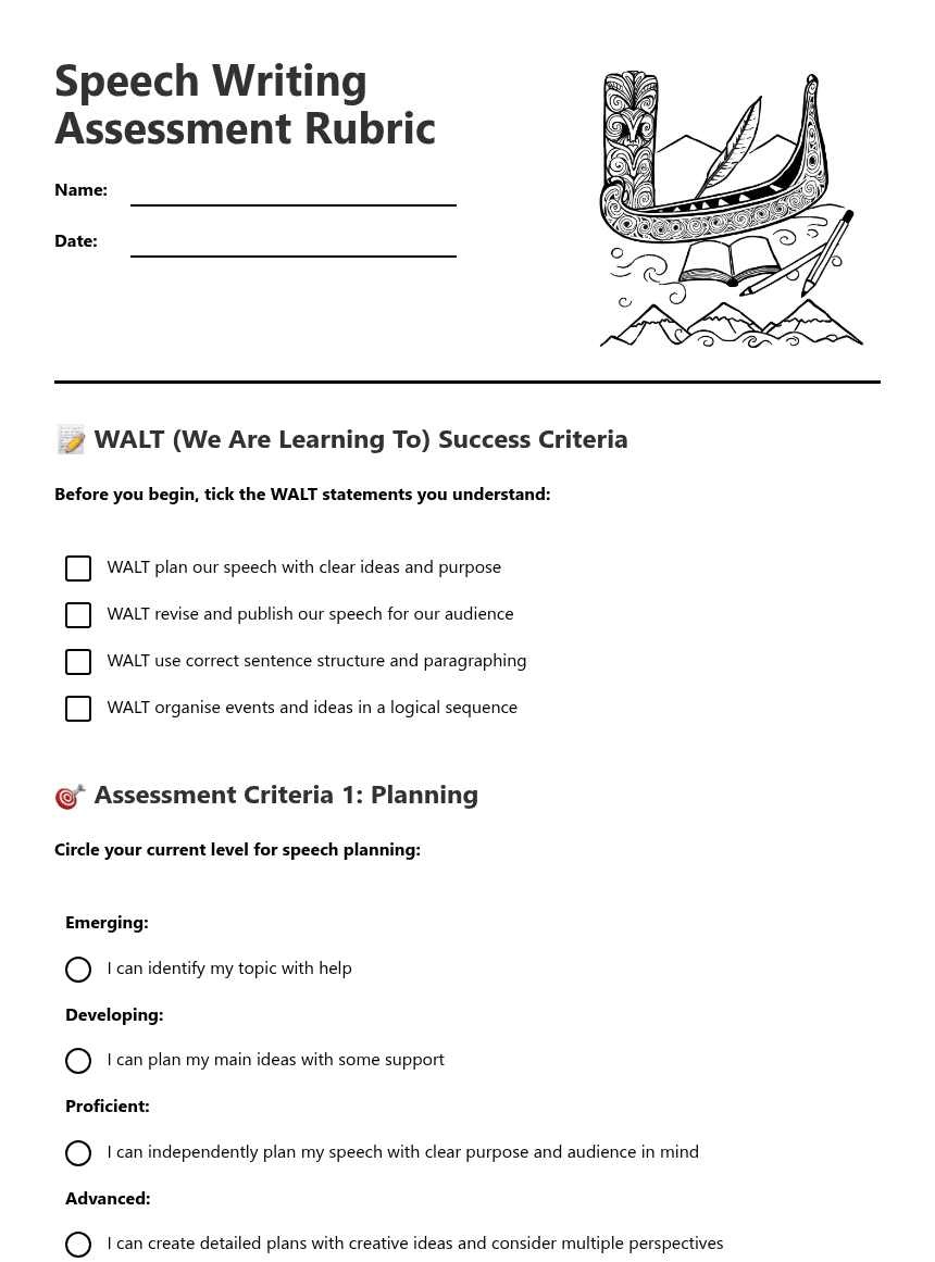 Speech Writing Assessment Rubric worksheet preview