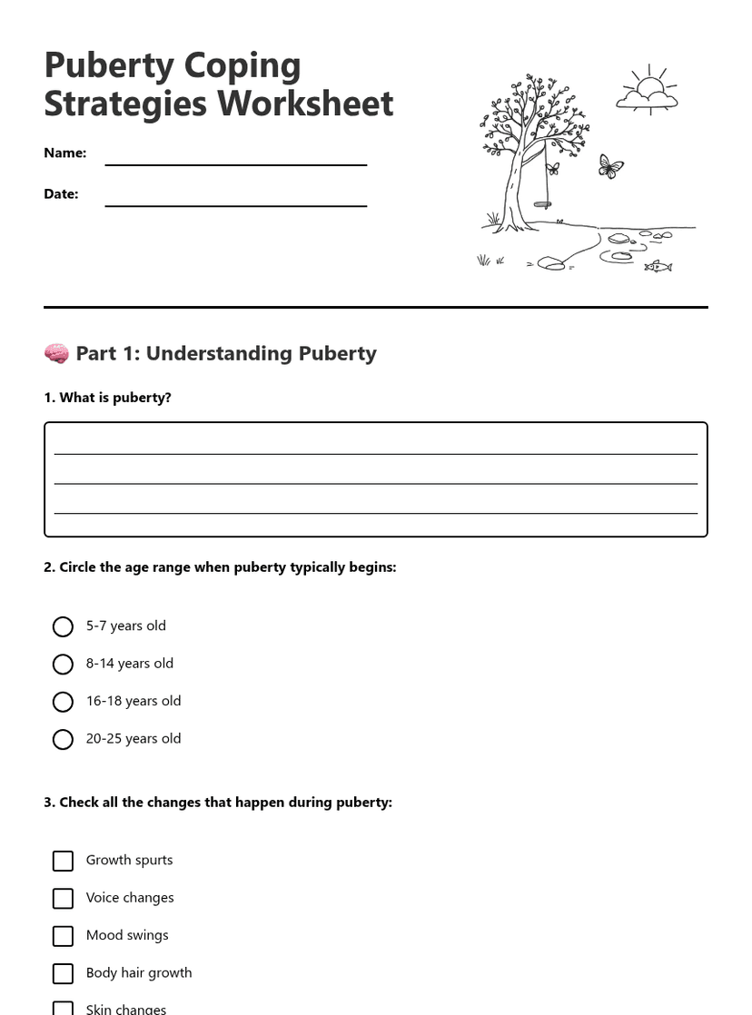 Puberty Coping Strategies Worksheet