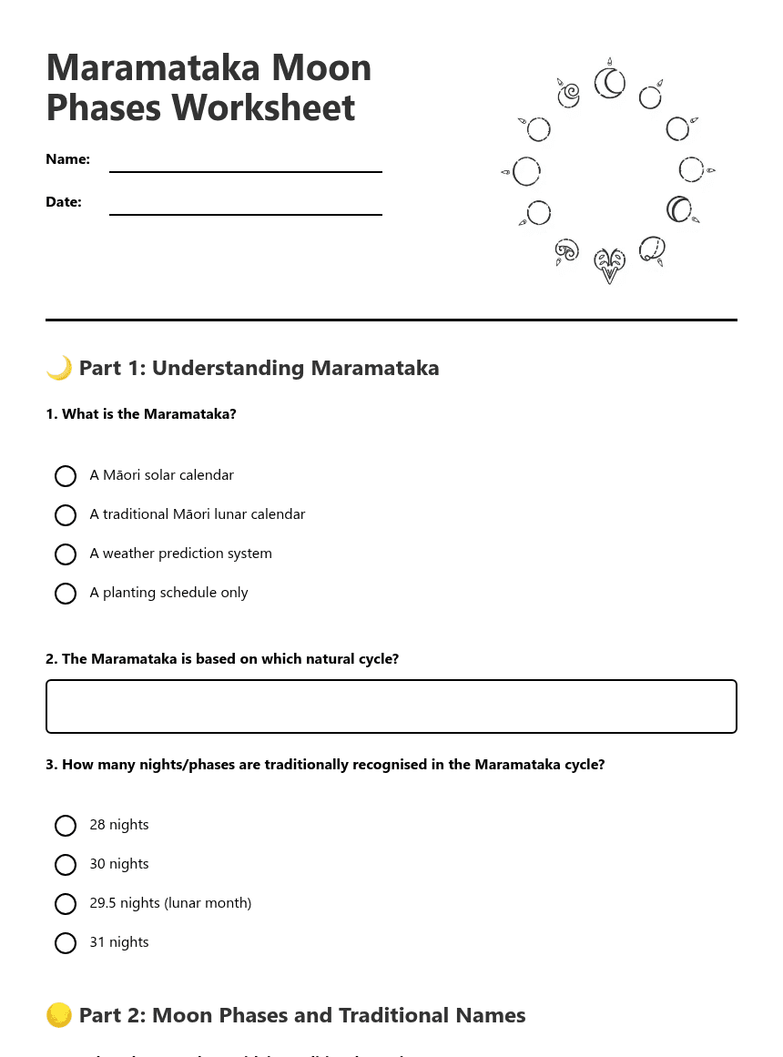 Maramataka Moon Phases Worksheet worksheet preview