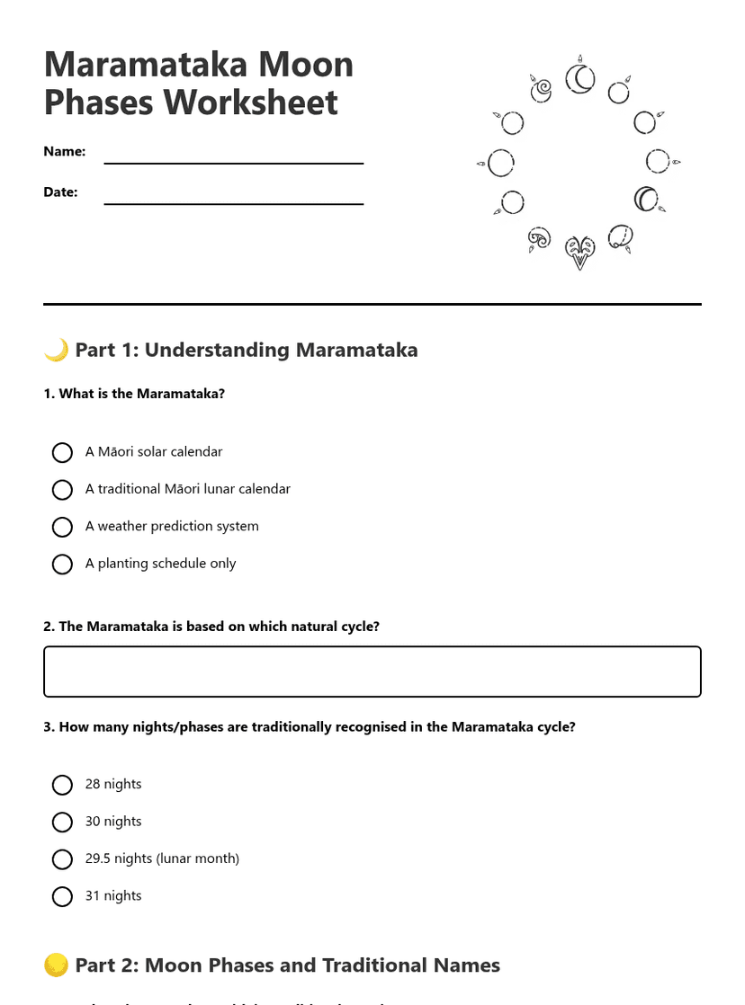 Maramataka Moon Phases Worksheet