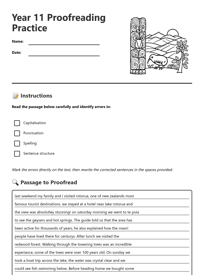 Year 11 Proofreading Practice worksheet preview