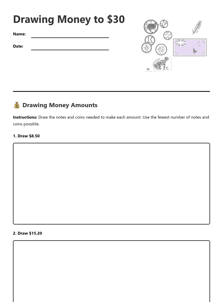 Drawing Money to $30 worksheet preview