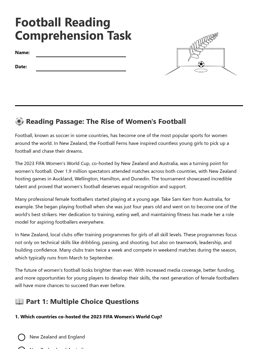 Football Reading Comprehension Task worksheet preview