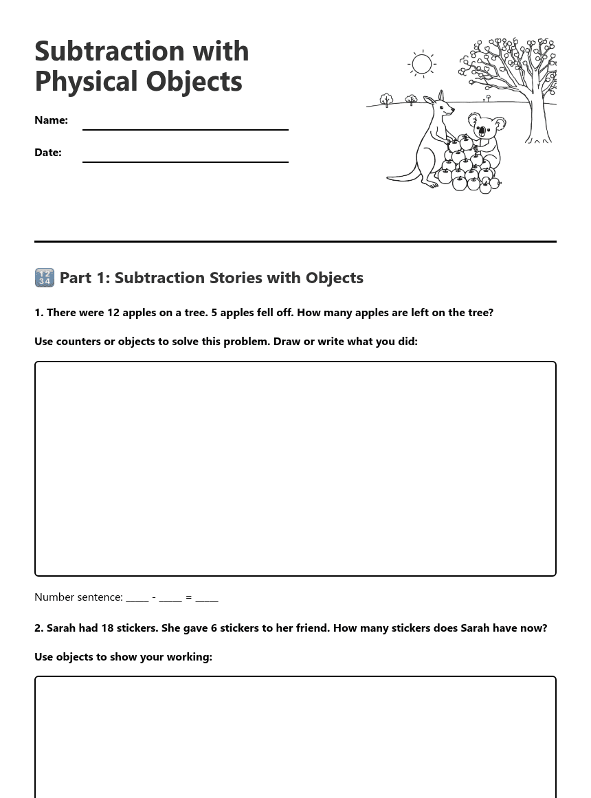 Subtraction with Physical Objects worksheet preview