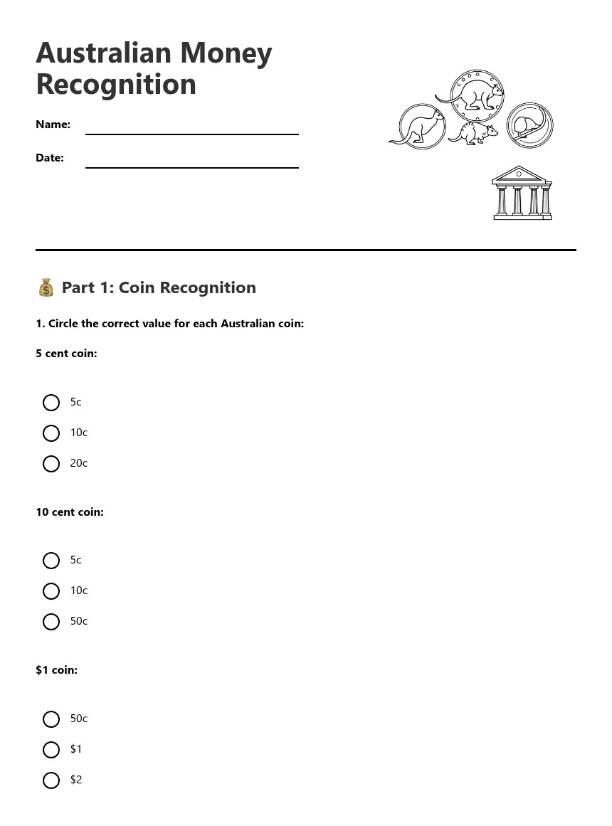 Australian Money Recognition worksheet preview