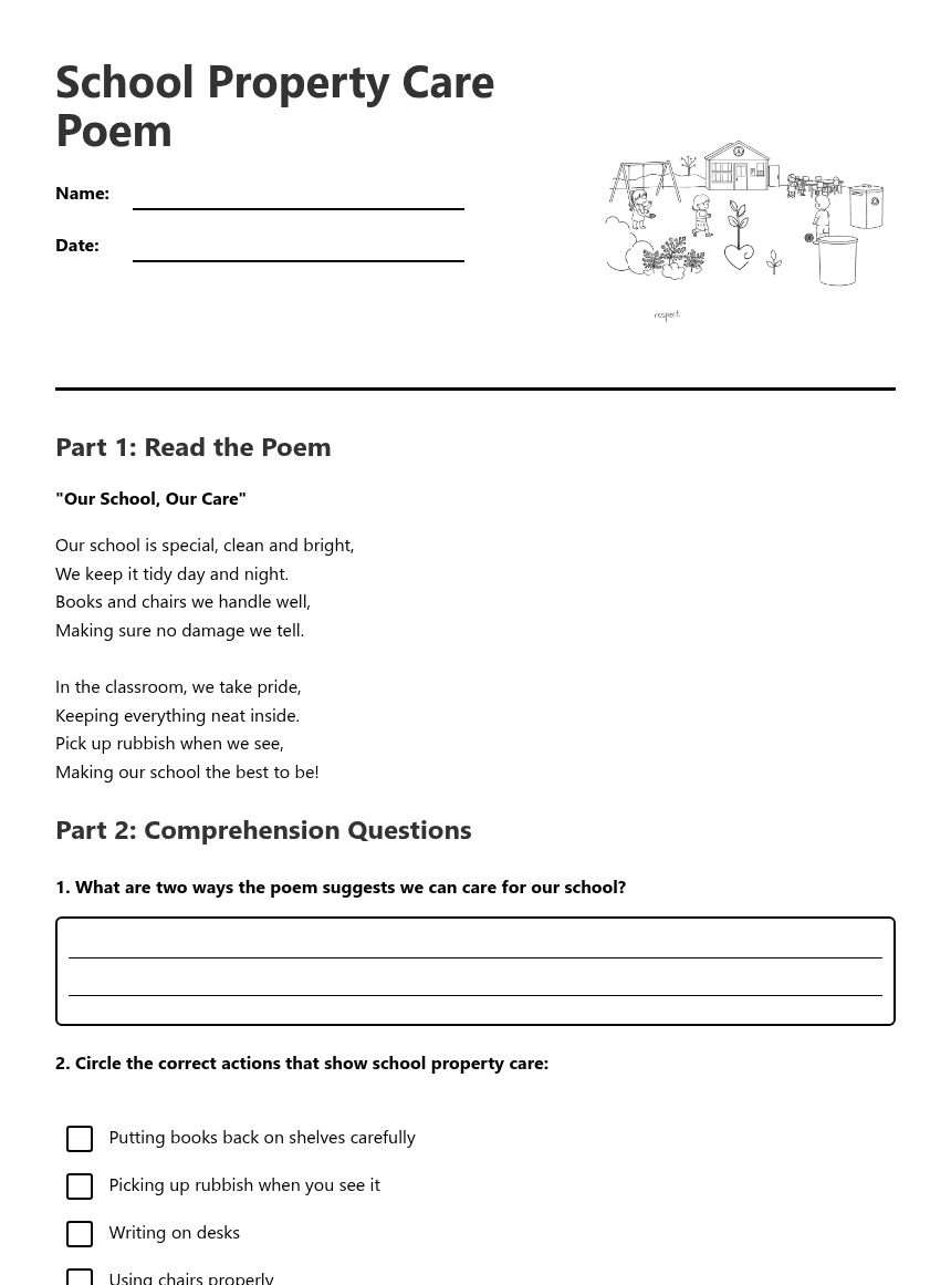 School Property Care Poem worksheet preview