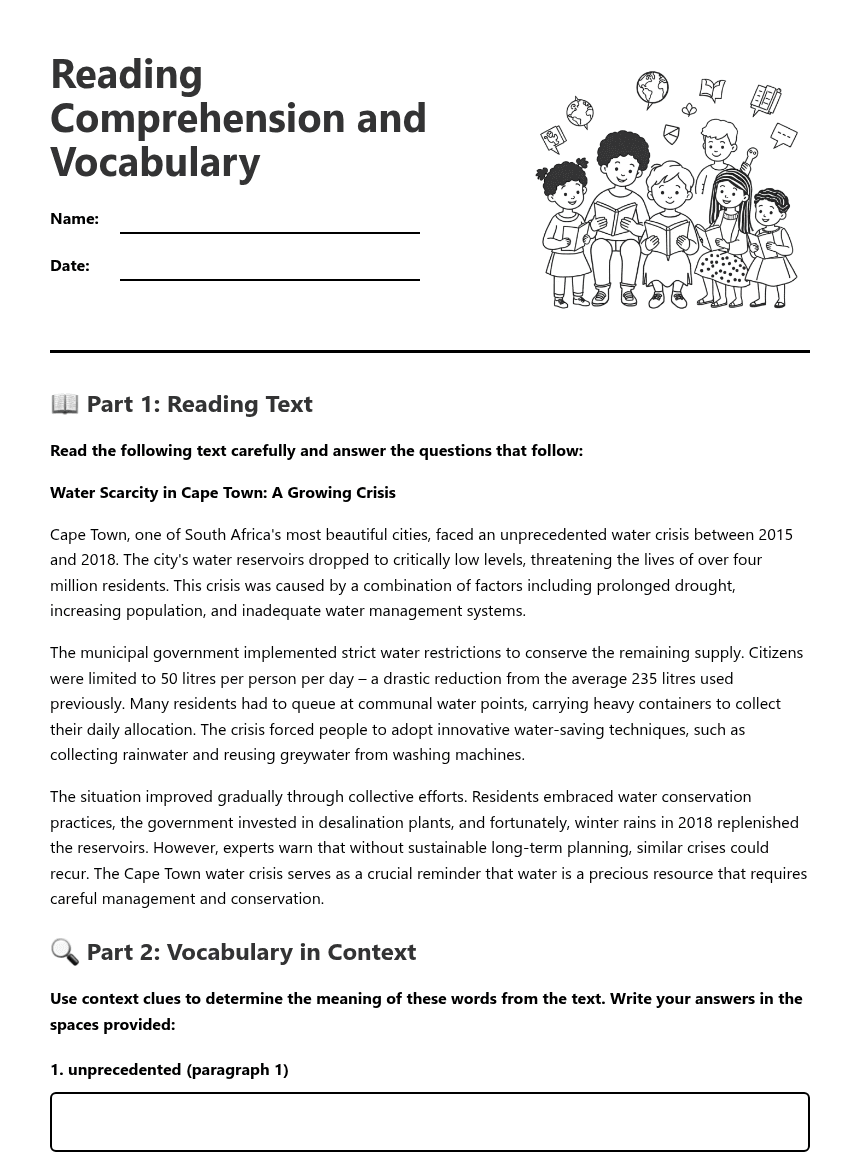 Reading Comprehension and Vocabulary worksheet preview