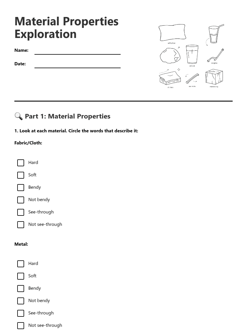 Material Properties Exploration worksheet preview