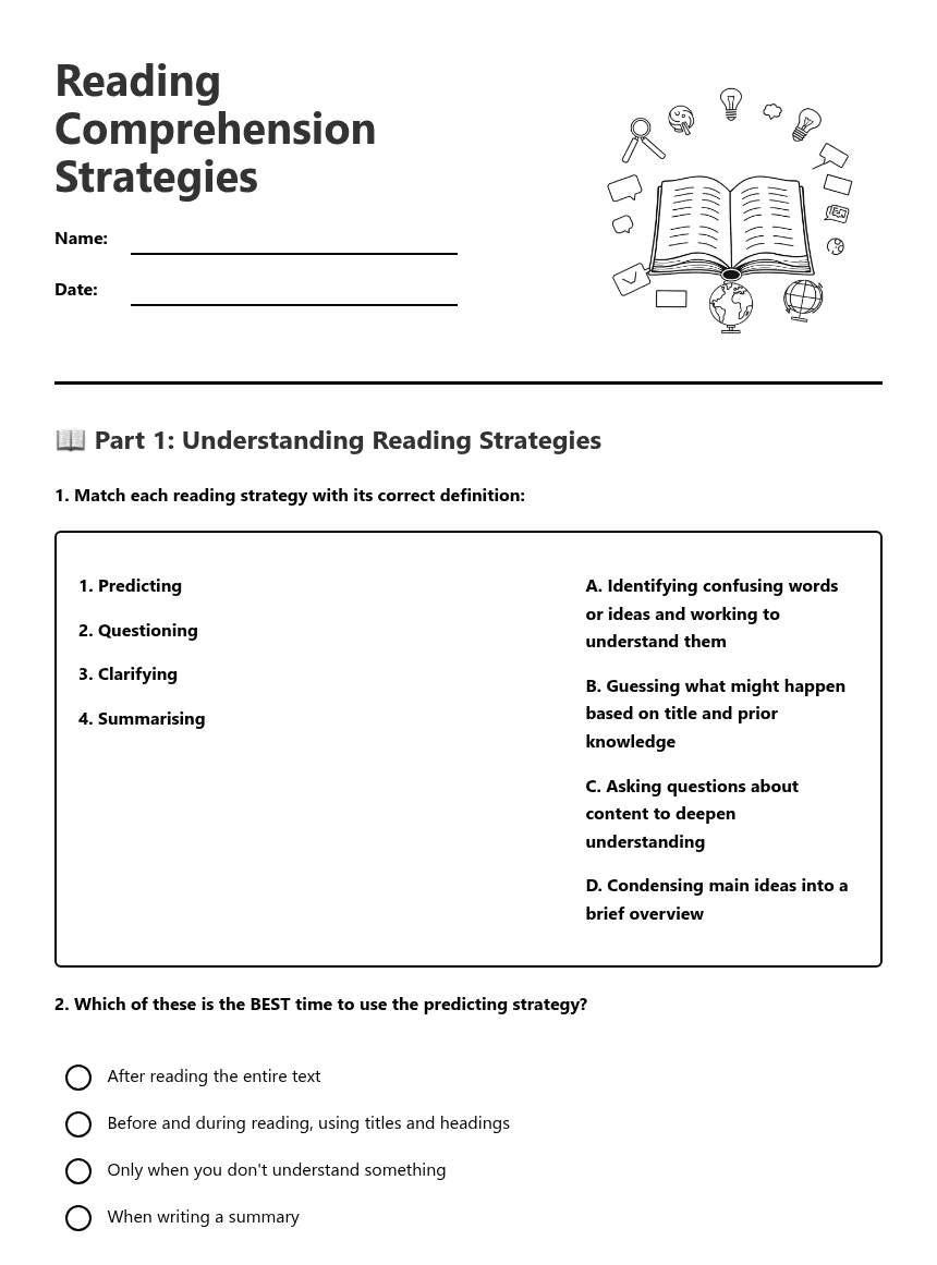 Reading Comprehension Strategies worksheet preview