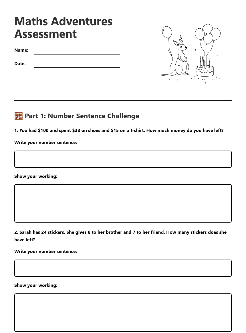 Maths Adventures Assessment worksheet preview