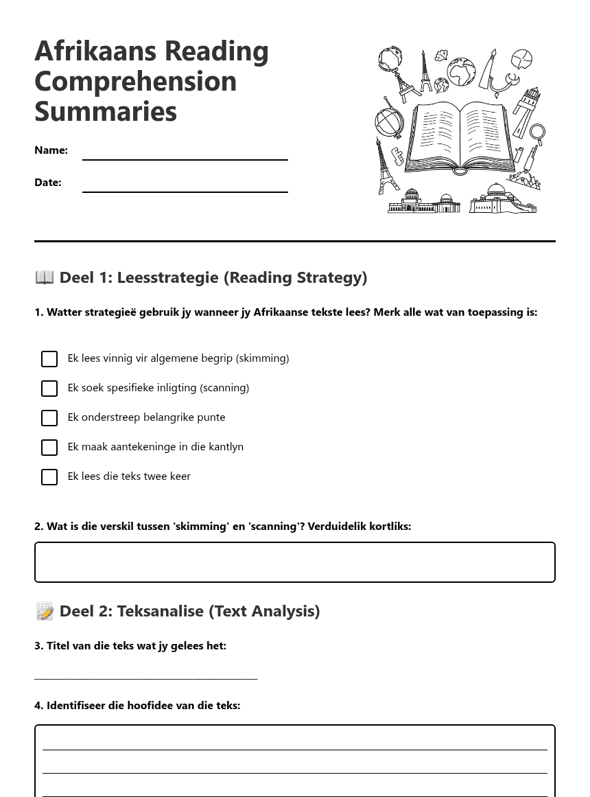 Afrikaans Reading Comprehension Summaries worksheet preview