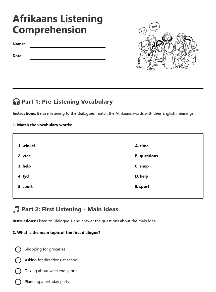 Afrikaans Listening Comprehension worksheet preview