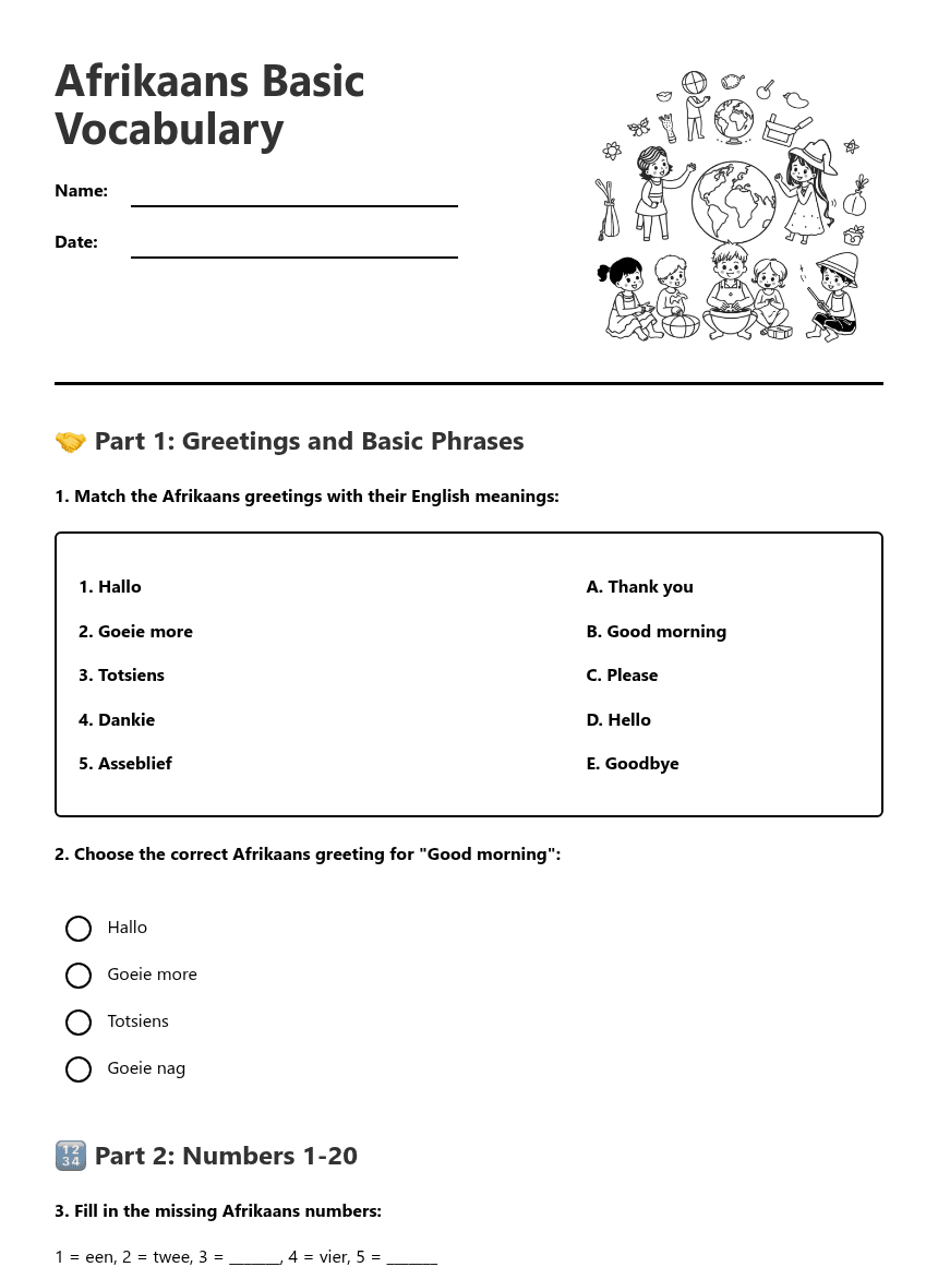 Afrikaans Basic Vocabulary worksheet preview