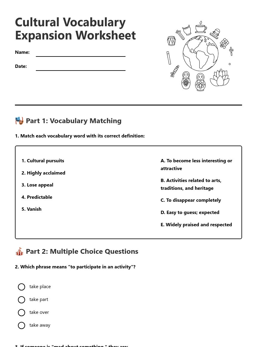 Cultural Vocabulary Expansion Worksheet worksheet preview