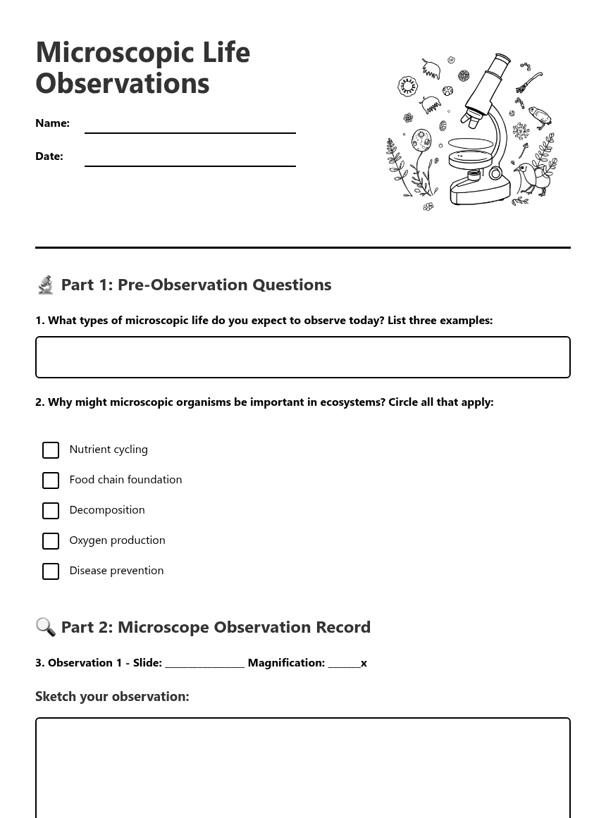 Microscopic Life Observations worksheet preview