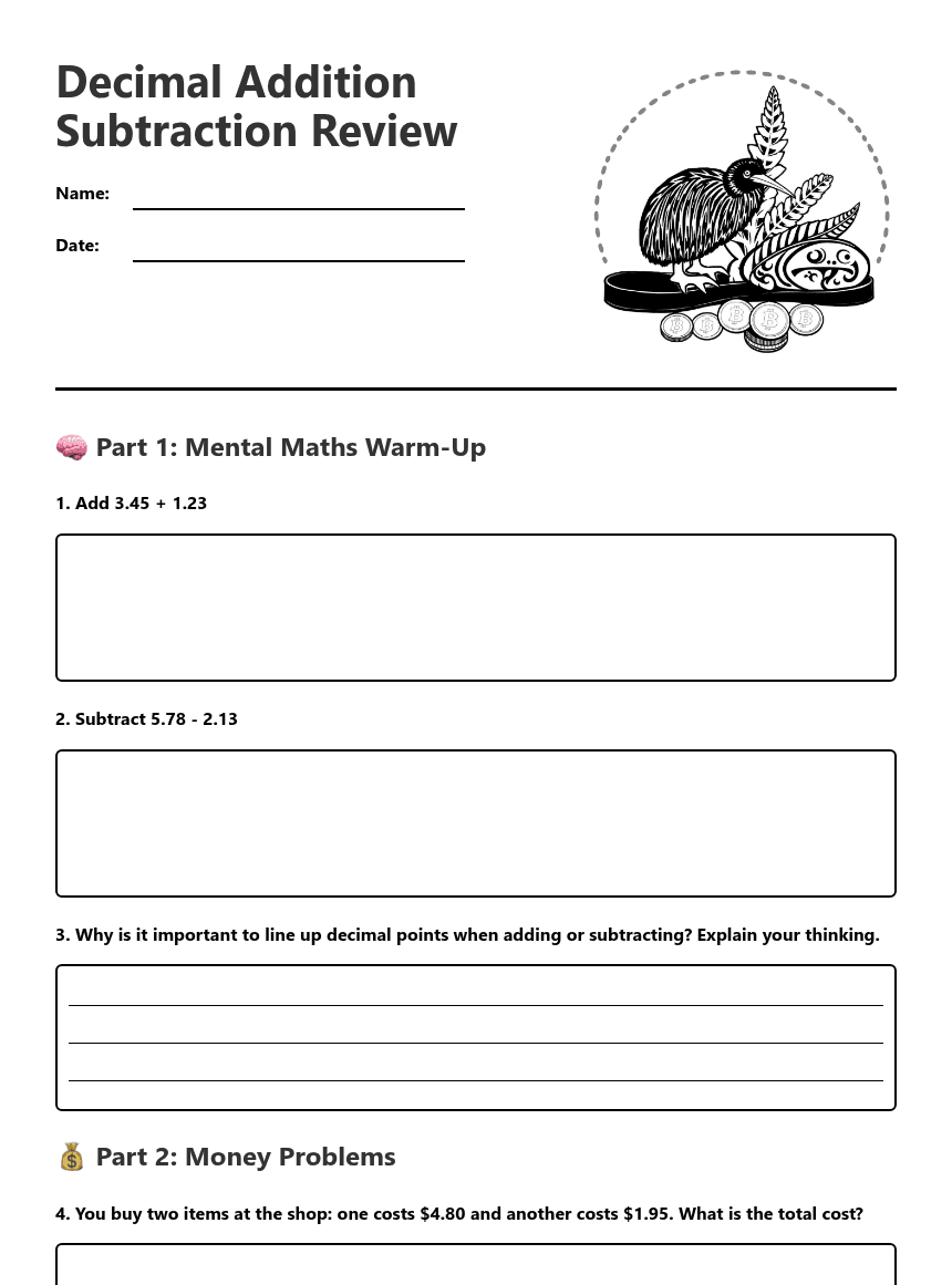 Decimal Addition Subtraction Review worksheet preview