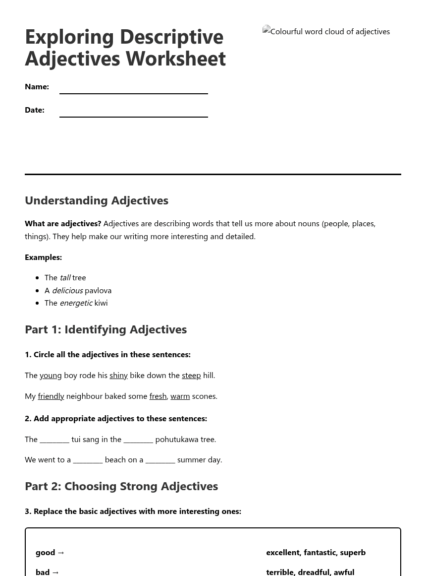 Exploring Descriptive Adjectives Worksheet worksheet preview